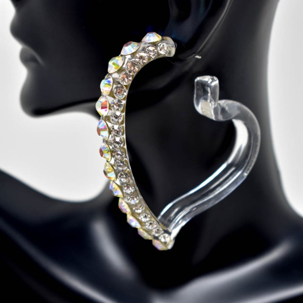 2.75" Clear Lucite Heart Rhinestone Hoop Earrings